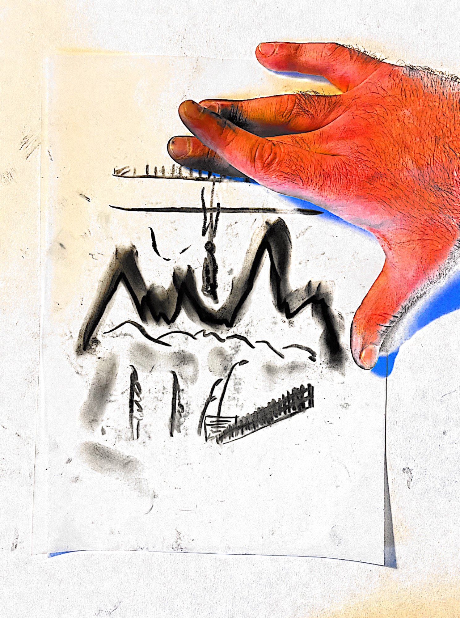 Untitled scan with gesture, found image, charcoal and pastel on tracing paper, cartridge paper background, 2022
