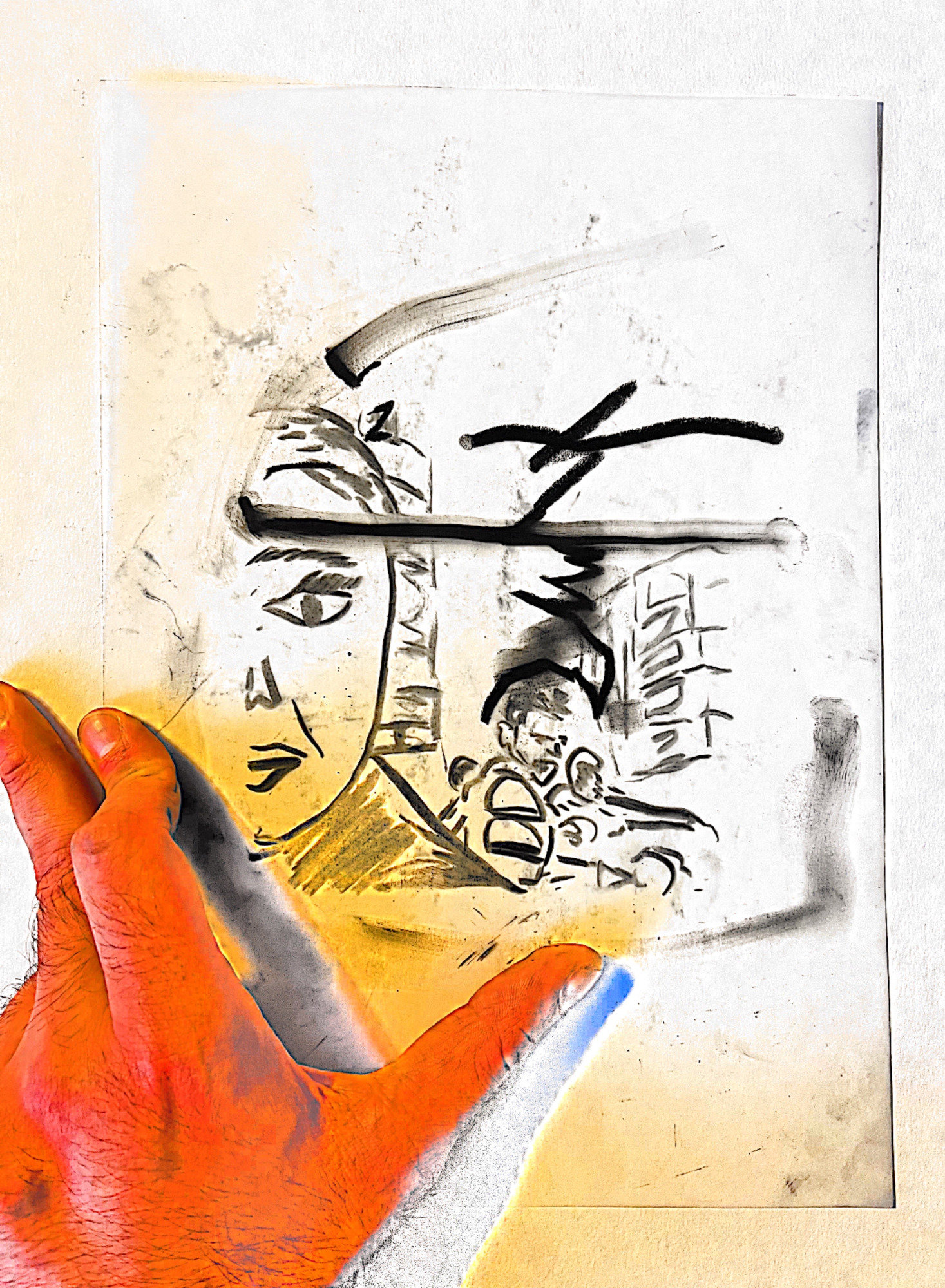 Untitled scan with gesture, found image, charcoal and pastel on tracing paper, cartridge paper background, 2022