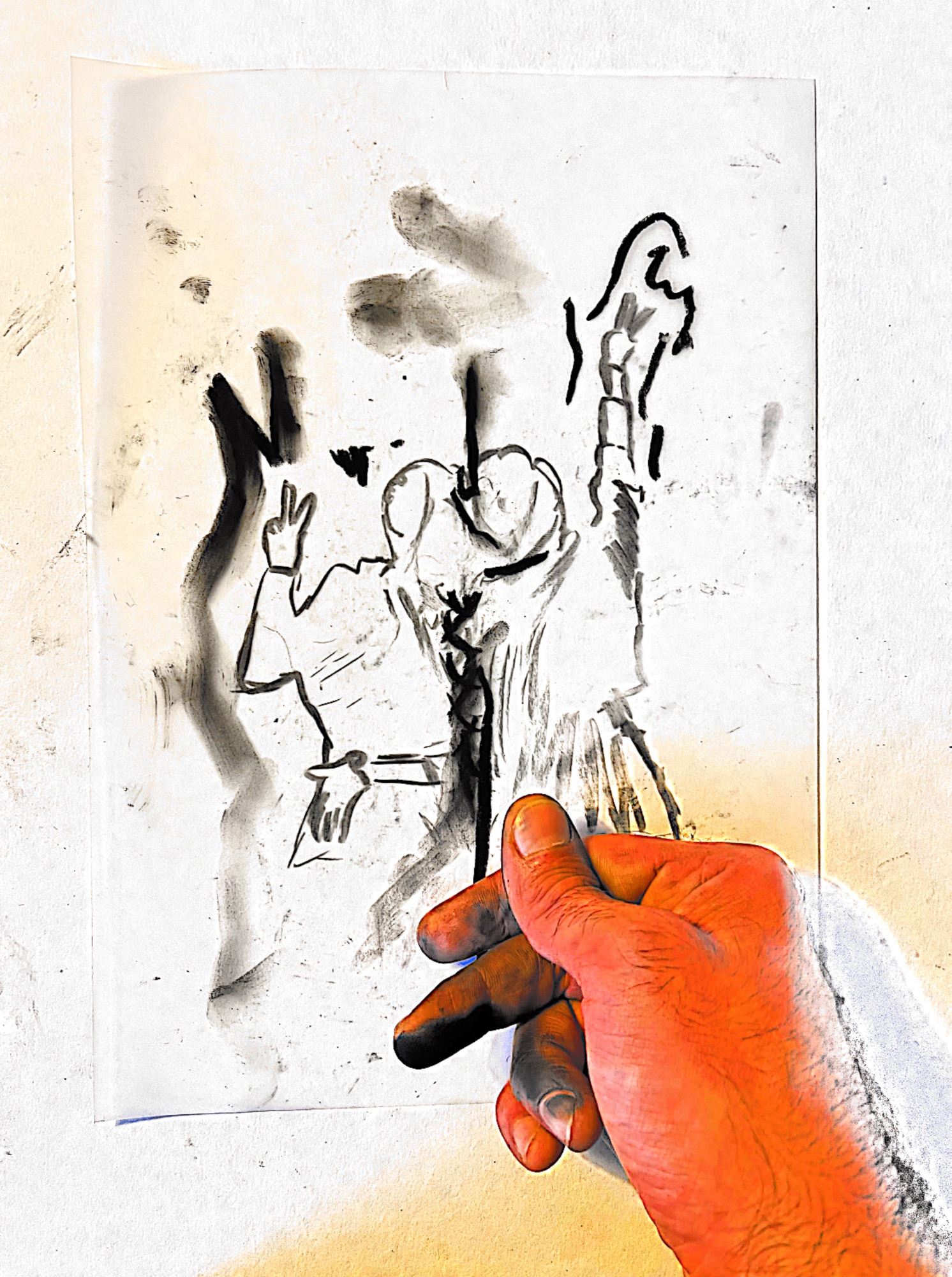 Untitled scan with gesture, found image, charcoal and pastel on tracing paper, cartridge paper background, 2022