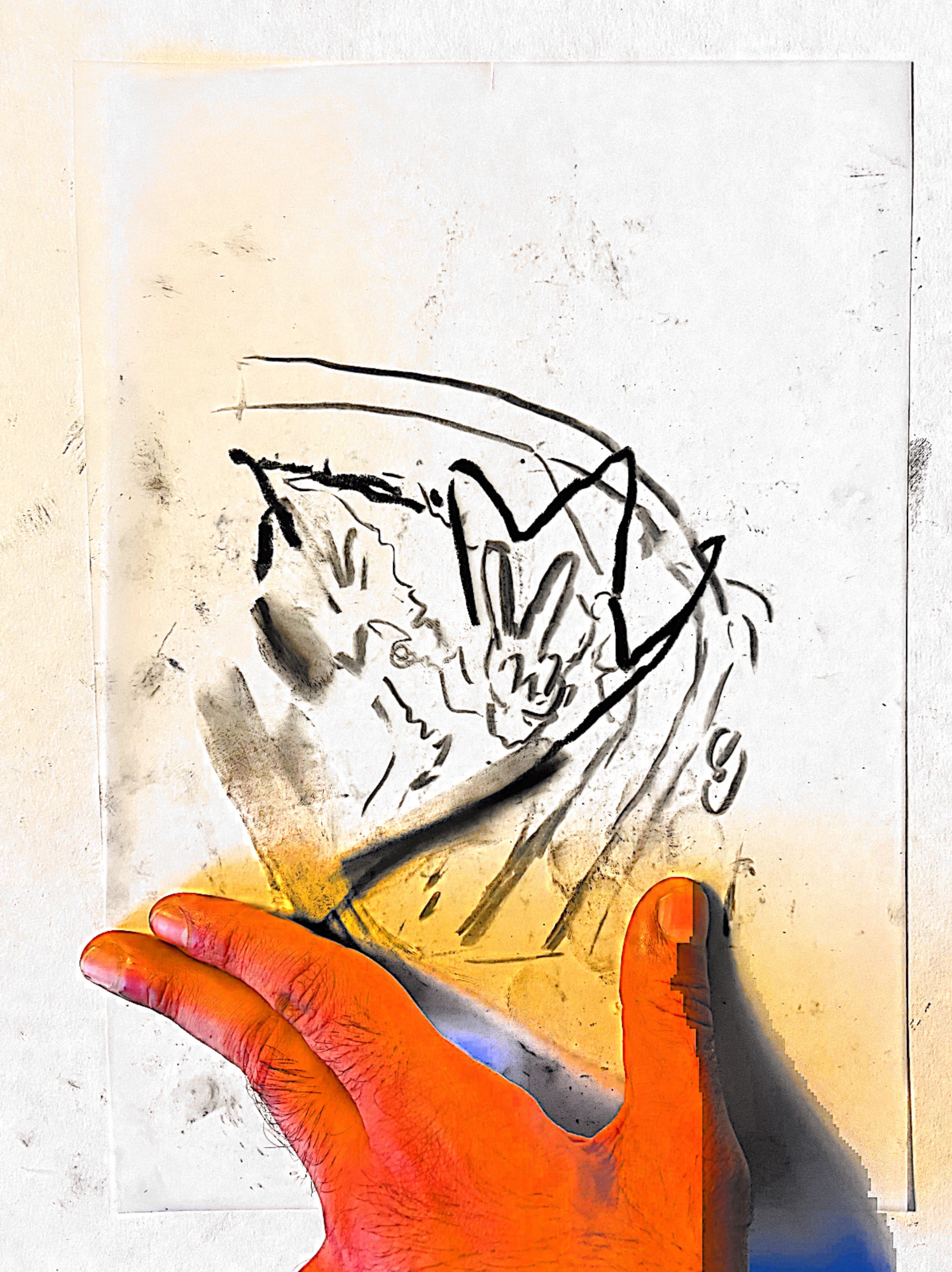 Untitled scan with gesture, found image, charcoal and pastel on tracing paper, cartridge paper background, 2022