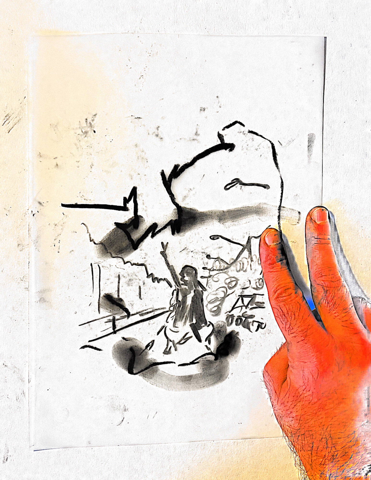 Untitled scan with gesture, found image, charcoal and pastel on tracing paper, cartridge paper background, 2022