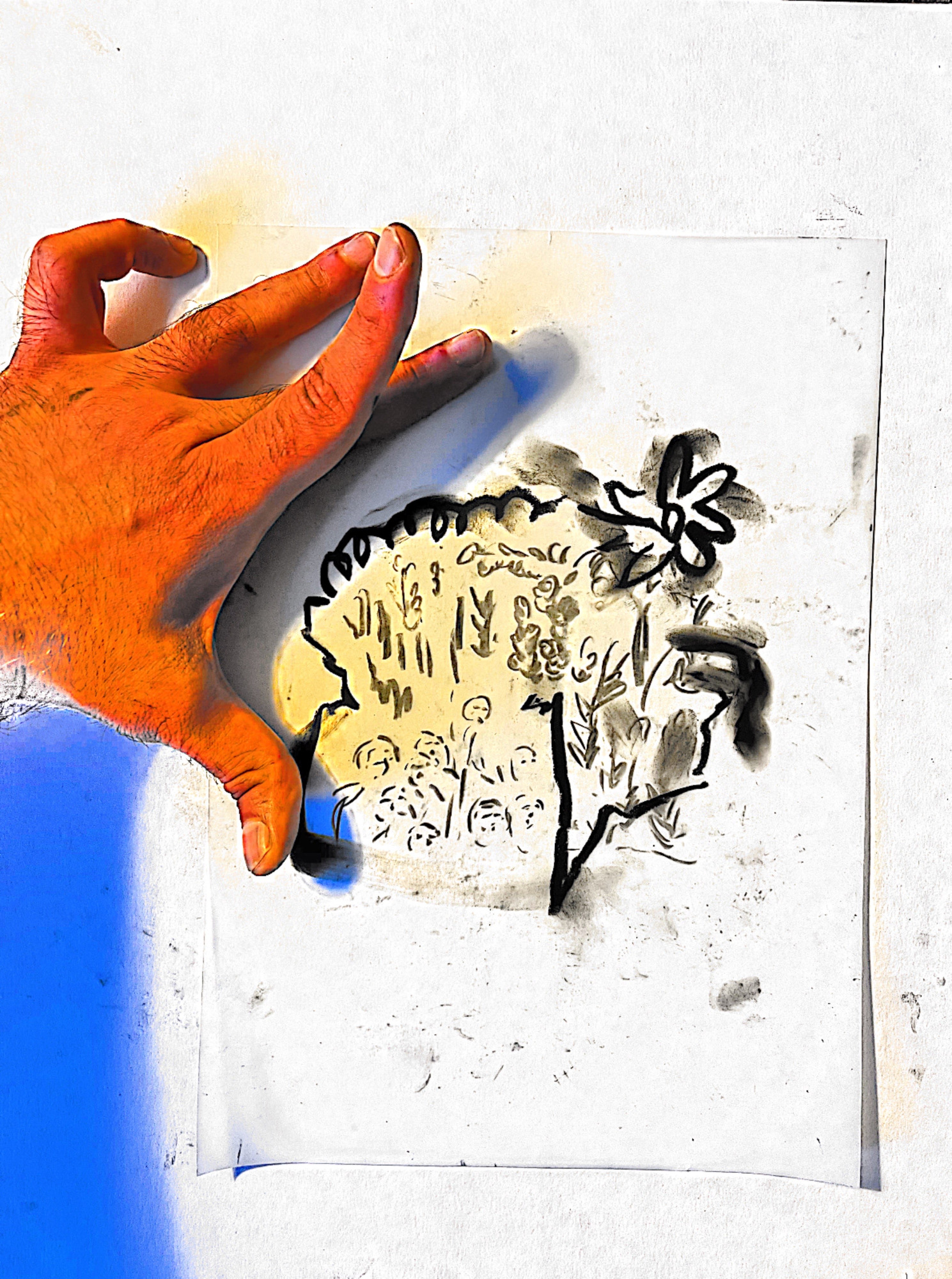 Untitled scan with gesture, found image, charcoal and pastel on tracing paper, cartridge paper background, 2022